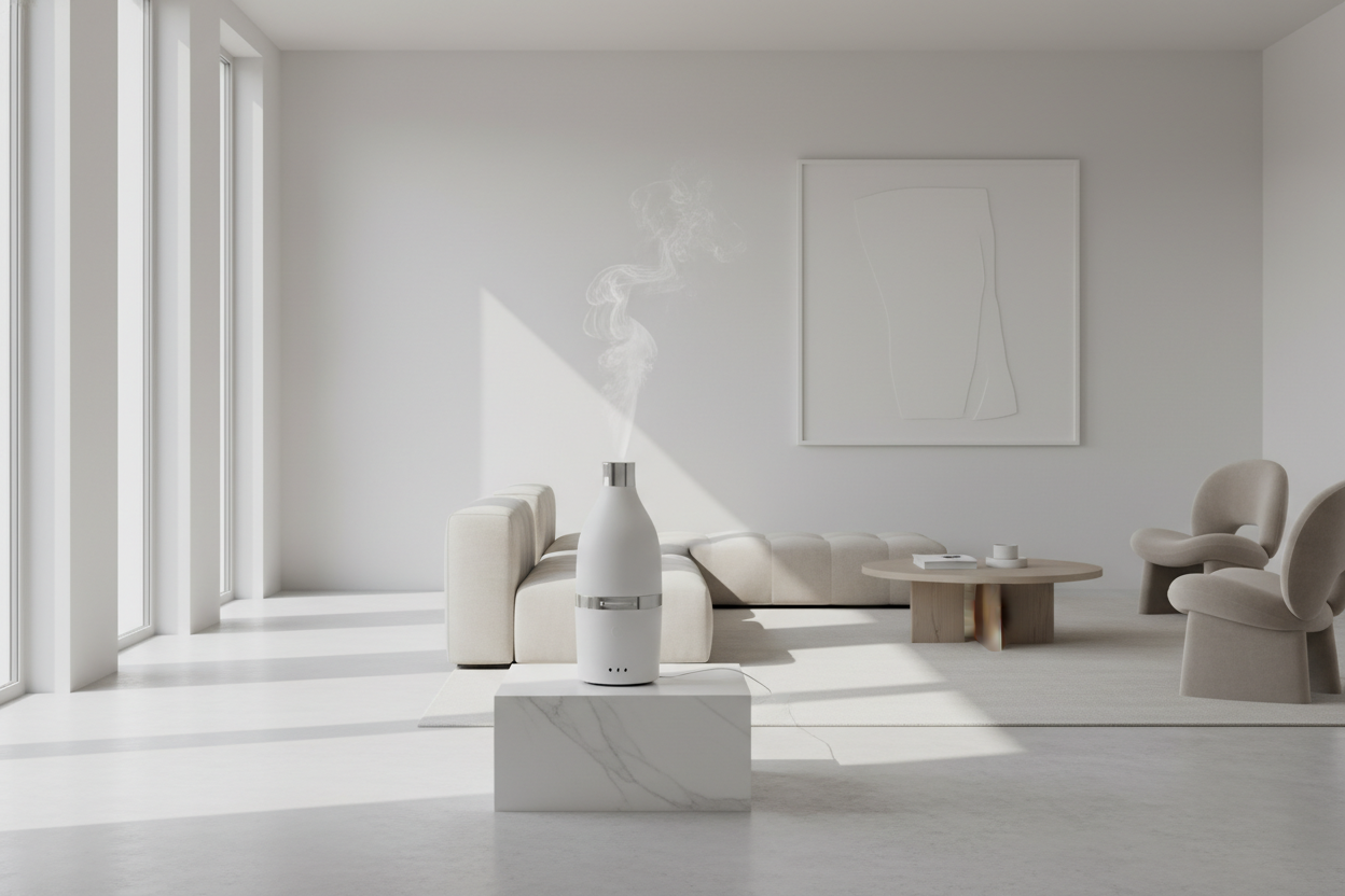 un espace maison pur miimaliste elegante avec difusseur d'air de senteur ,clarté 